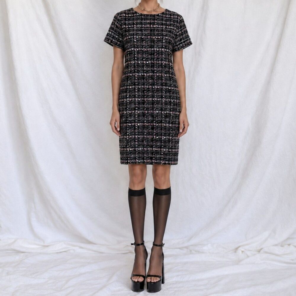 Vintage Y2K Black Pink Short Sleeve Tweed Plaid Shift Knee Length Dress Size M